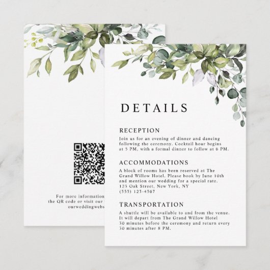 Carte D'accompagnement Élégant Code QR Botanique Eucalyptus Mariage (Devant / Derrière)