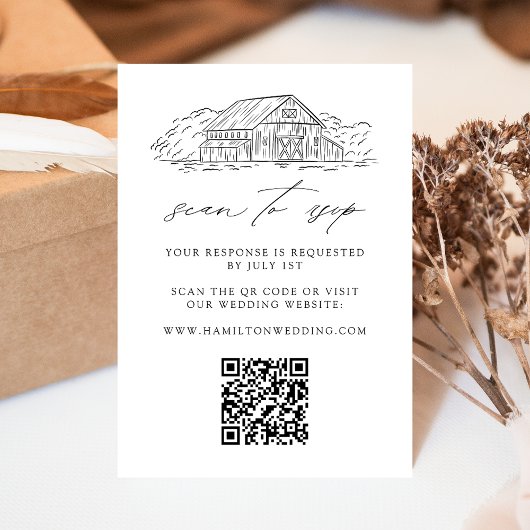 Carte D'accompagnement Élégant Code QR de Mariage de Grange Rustique Site