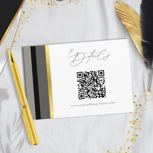 Carte D'accompagnement Élégant Code QR Mariage Rayure Noir Gris Or