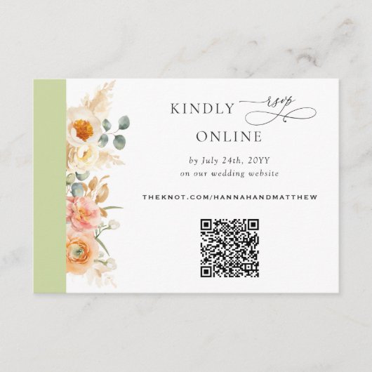 Carte D'accompagnement Elégant code QR RSVP Peach et Mariage vert (Devant)