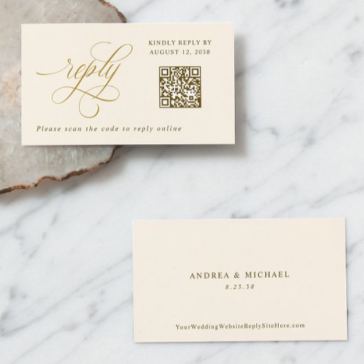 Carte D'accompagnement Elegant Crème or petit RSVP QR Code Mariage