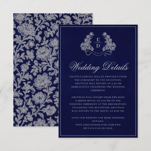 Carte D'accompagnement Elegant Crest Monogram Navy Heritage Wedding (Devant / Derrière)