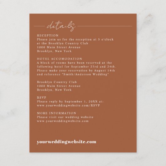 Carte D'accompagnement Élégant design en terre cuite Script Détails Maria (Devant)