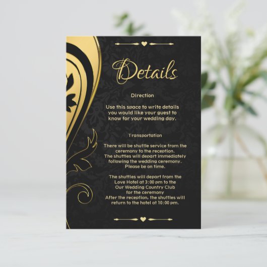 Carte D'accompagnement Elégant Design Gold Black Deco Détails Mariage (Debout devant)