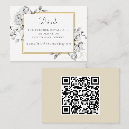 Carte D'accompagnement Élégant dessin floral Gold Script QR Code Mariage (Devant / Derrière)