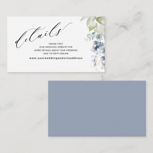 Carte D'accompagnement Elégant Dusty Blue Floral Mariage Website /Détails (Devant / Derrière)