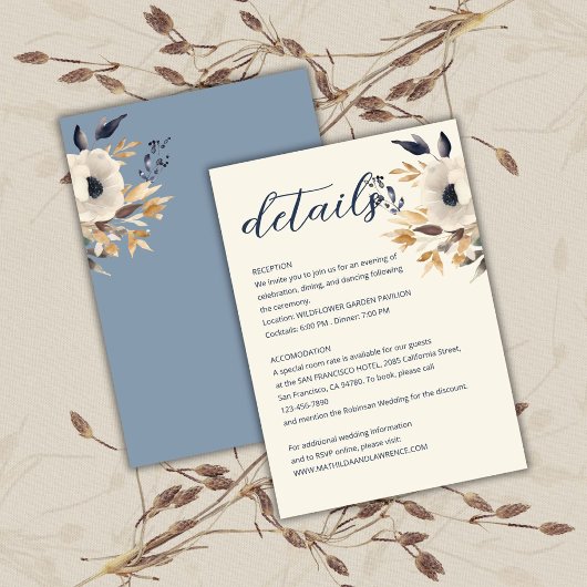 Carte D'accompagnement Elégant Dusty Blue Gold Mariage Floral d'hiver
