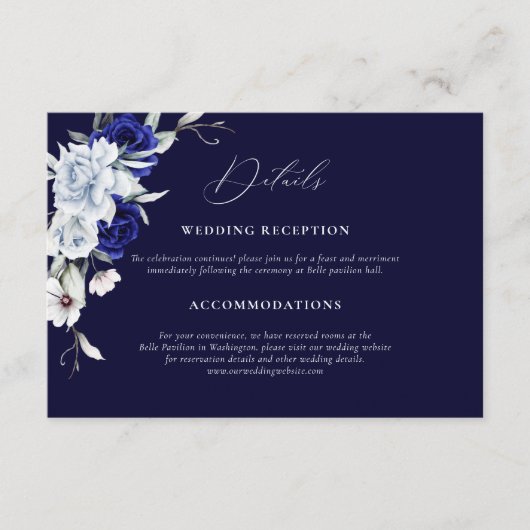 Carte D'accompagnement Elegant Dusty Blue Navy Floral Détails du Mariage (Devant)