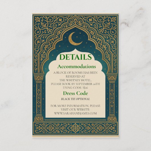 Carte D'accompagnement Elegant Emerald & Gold Ornate Arch Wedding Details (Devant)
