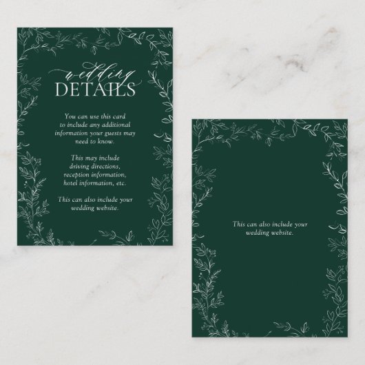 Carte D'accompagnement Élégant Emerald Green Détails du Mariage Boîtier (Devant / Derrière)