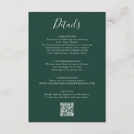 Carte D'accompagnement Élégant Emerald Green Script Mariage QR Code (Devant)