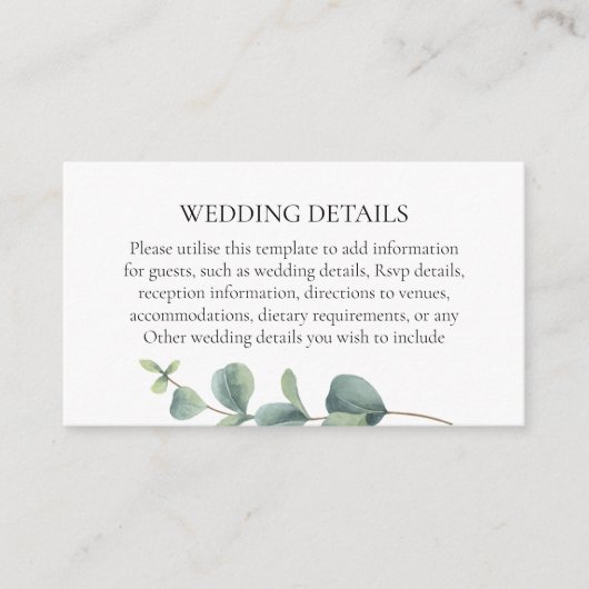 Carte D'accompagnement Elegant Eucalyptus Détails Mariage (Devant)