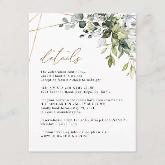 Carte D'accompagnement Elegant Eucalyptus Greenery Gold Info Details (Devant)