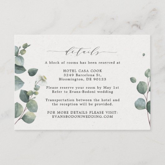 Carte D'accompagnement Elegant Eucalyptus Mariage Détails Card (Devant)
