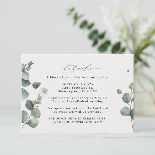 Carte D'accompagnement Elegant Eucalyptus Mariage Détails Card (Debout devant)