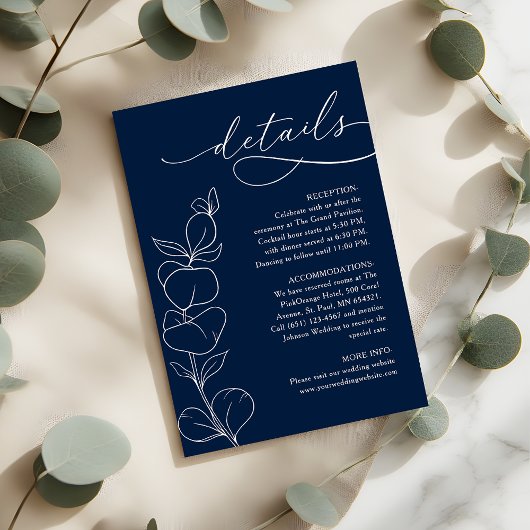 Carte D'accompagnement Elegant Eucalyptus Navy Blue Wedding Details