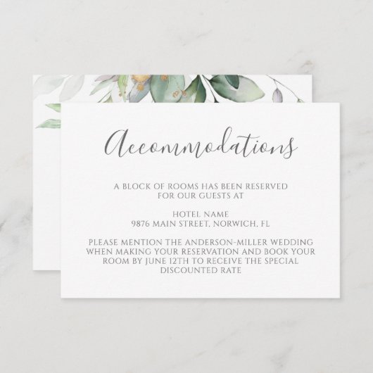 Carte D'accompagnement Elégant Eucalyptus Verdure Or Hébergements (Devant / Derrière)