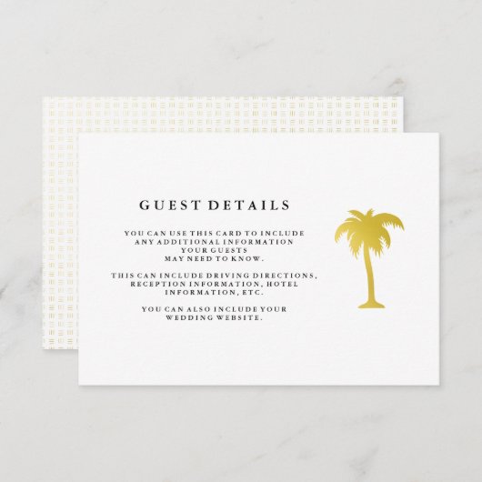 Carte D'accompagnement Elégant Faux Gold Palm Tree Mariage Détails du cli (Devant / Derrière)