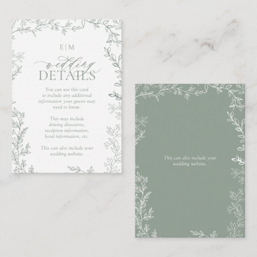 Carte D'accompagnement Elegant Feuille Sage Green Monogram Détails du Mar (Devant / Derrière)