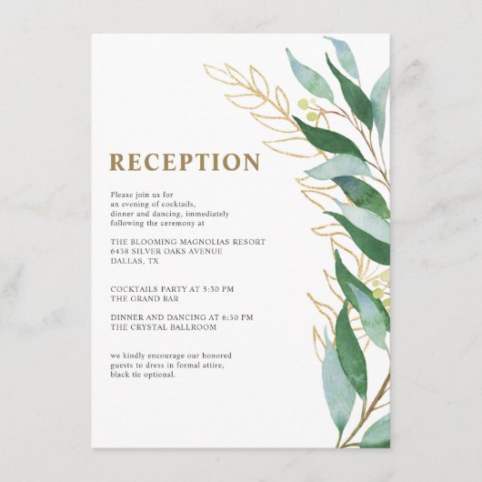 Carte D'accompagnement Elégant Feuilles d'Or Feuillage Vert Mariage Récep (Devant)
