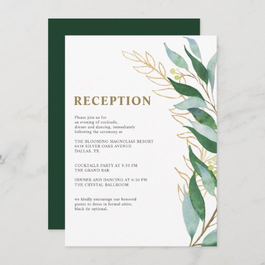 Carte D'accompagnement Elégant Feuilles d'Or Feuillage Vert Mariage Récep (Devant / Derrière)