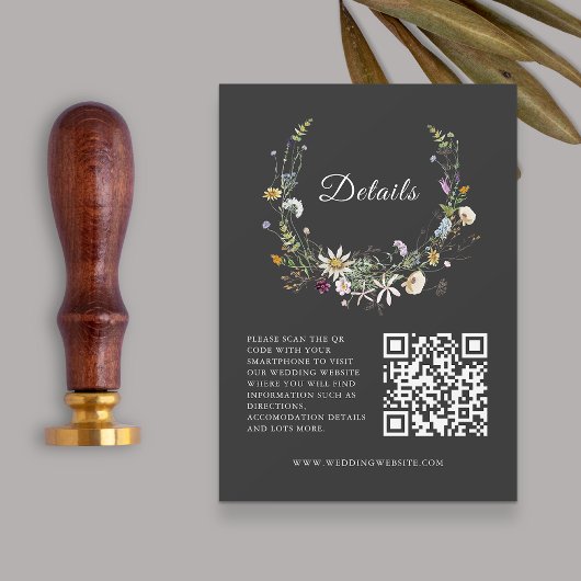 Carte D'accompagnement Elégant Fleur sauvage noir Mariage QRcode Détails
