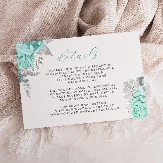 Carte D'accompagnement Elégant Floral Aqua Silver Script Détails Mariage