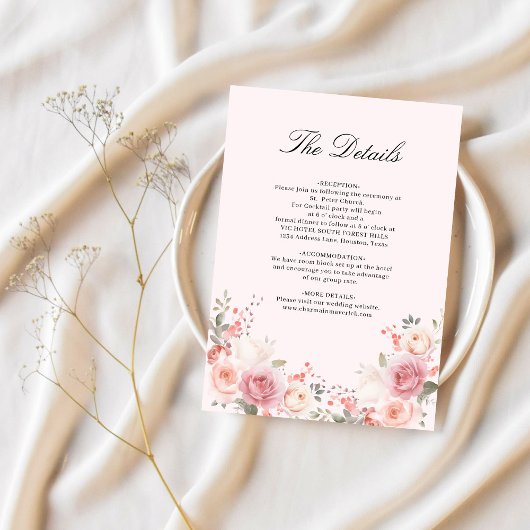 Carte D'accompagnement Elégant Floral Blush rose Mariage Détails