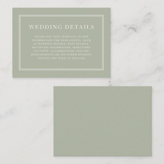 Carte D'accompagnement Elégant Formal Classic Sage Green Détails Mariage (Devant / Derrière)