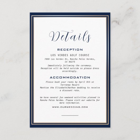 Carte D'accompagnement Elegant Gold Frame Navy Blue Détails du Mariage (Devant)