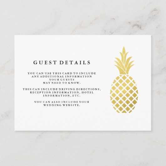 Carte D'accompagnement Elegant Gold Pineapple Mariage Détails sur le clie (Devant)