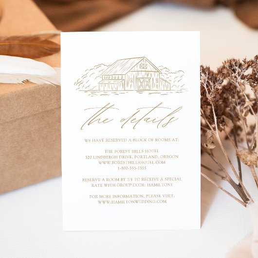 Carte D'accompagnement Elegant Gold Rustic Grange Détails du Mariage