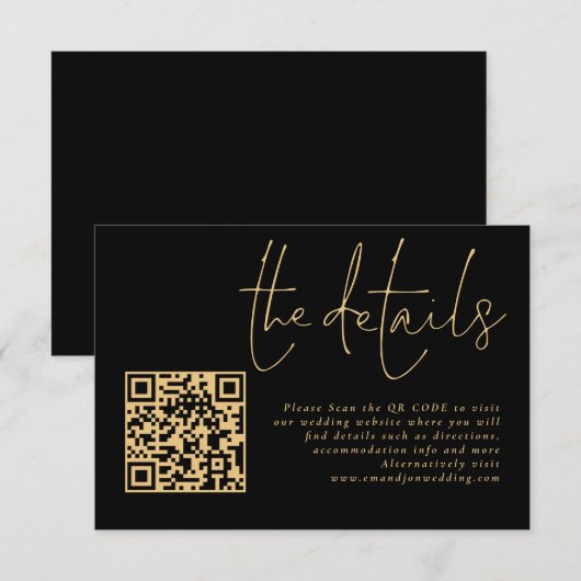 Carte D'accompagnement Elegant Gold Script Black QR Code Détails du Maria (Devant / Derrière)