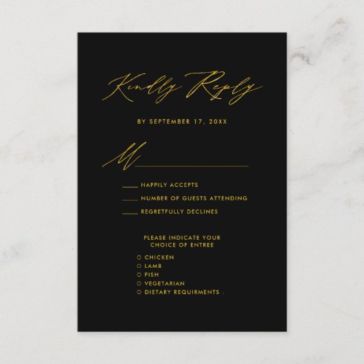 Carte D'accompagnement Élégant Gold Script moderne Noir Mariage RSVP (Devant)