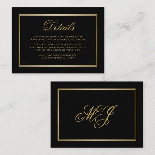 Carte D'accompagnement Elegant Gold Script Monogram Black Mariage Détails (Devant / Derrière)