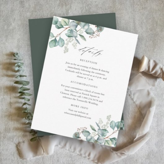 Carte D'accompagnement Elegant Green Eucalyptus Détails Mariage