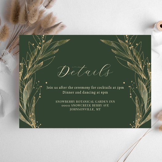 Carte D'accompagnement Elegant Green Gold Leaf Détails du Mariage