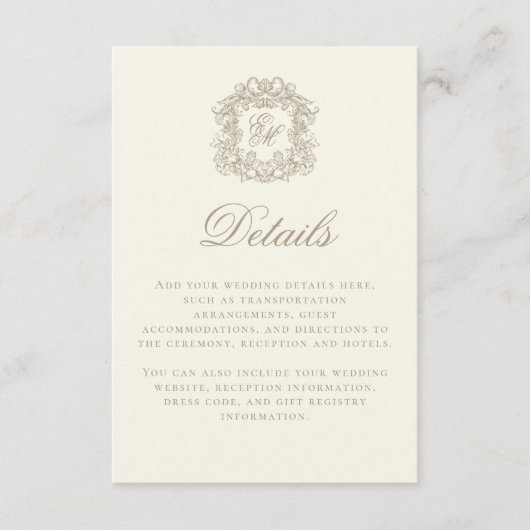 Carte D'accompagnement Elegant Ivory Monogram Crest Wedding Details (Devant)