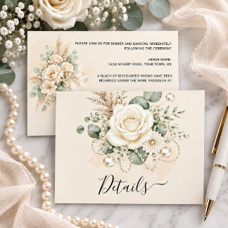 Carte D'accompagnement Elegant Ivory Roses Pearls Eucalytus Pampas Grass