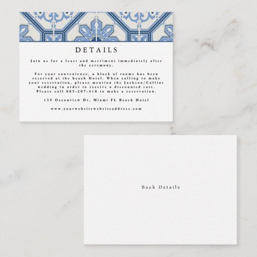Carte D'accompagnement Élégant Mariage de carrelage bleu grec (Devant / Derrière)