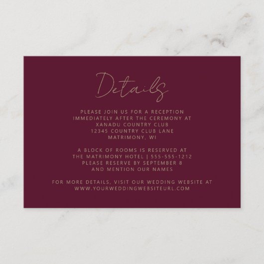 Carte D'accompagnement Élégant Mariage d'écriture manuscrite en or de Bou (Devant)