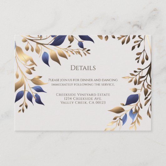 Carte D'accompagnement Élégant Mariage en or bleu feuille verte (Devant)