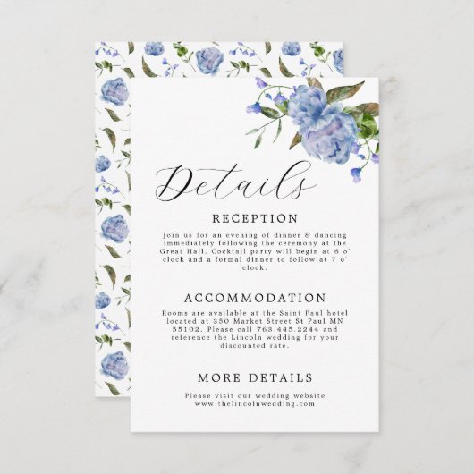 Carte D'accompagnement Élégant Mariage Floral Bleu (Devant / Derrière)