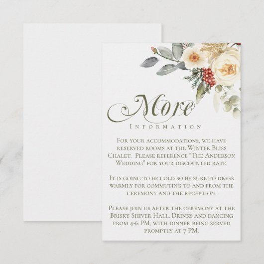 Carte D'accompagnement Élégant mariage floral calligraphié hiver (Devant / Derrière)