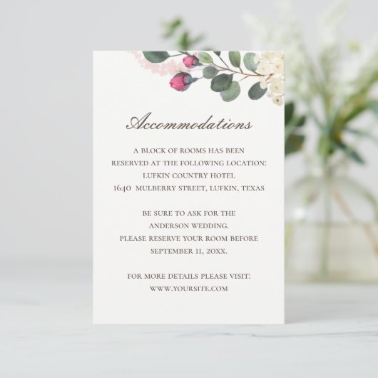 Carte D'accompagnement Élégant Mariage floral | Hébergement rose + QR (Debout devant)