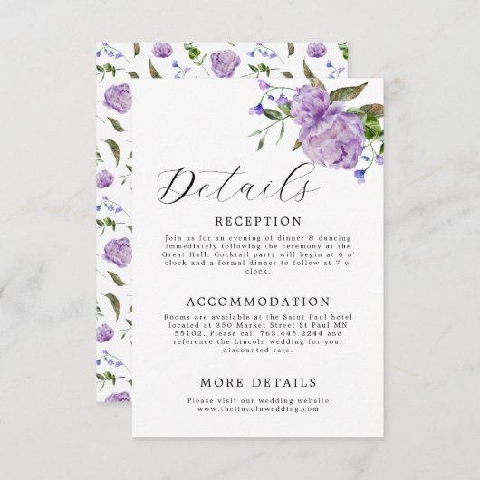 Carte D'accompagnement Élégant Mariage floral violet (Devant / Derrière)