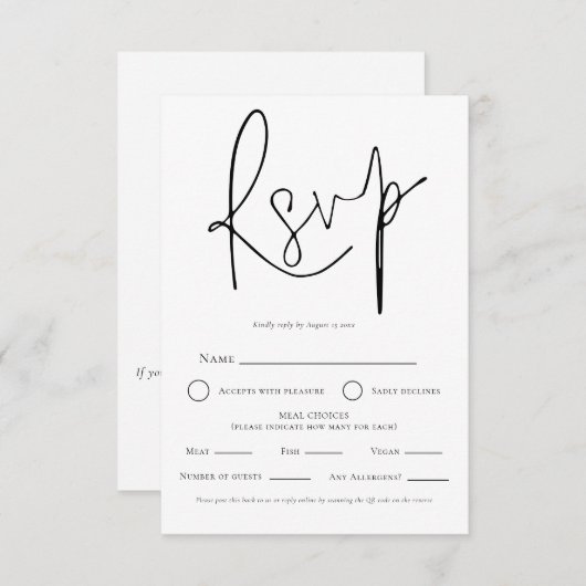 Carte D'accompagnement Élégant Mariage noir blanc QR choix de repas RSVP (Devant / Derrière)