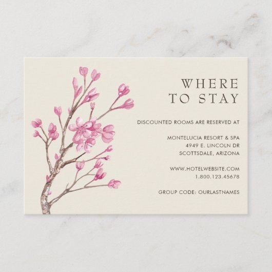 Carte D'accompagnement Elégant Mariage Rose Cherry Blossom Hébergements (Devant)