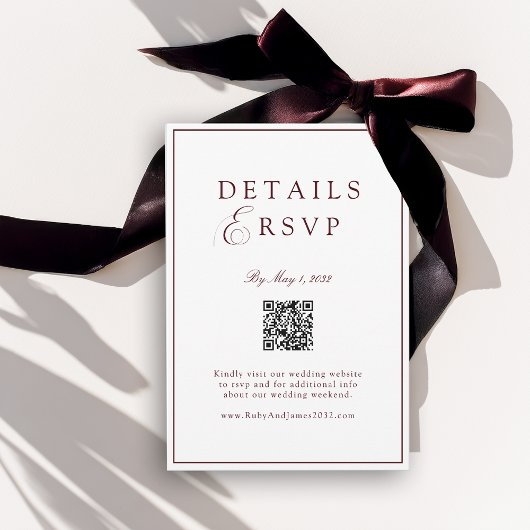 Carte D'accompagnement Élégant Mariage Royal Blanc & Burgun QR Code RSVP