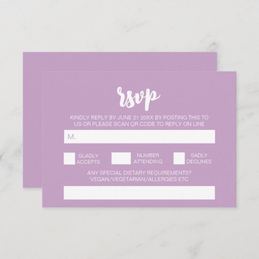 Carte D'accompagnement Élégant Mariage Simple Moderne Lilas QR Code RSVP (Devant / Derrière)